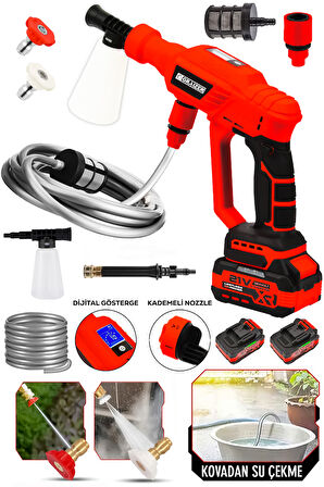 Graizer Yüksek Basınçlı Kömürsüz Motor Akülü Oto Araba Yıkama Makinesi Şarjlı Kırmızı