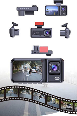 1080P 3 Lensli WİFİ Araç İçi Kameralı Ekran DVR Kaydedici Gece Görüşlü