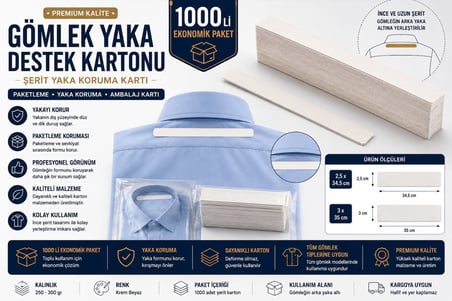 Premium Gömlek Yaka Destek Kartonu 2,5x34,5 cm 1000'li | Gömlek Paketleme, Yaka Koruma ve Ambalaj Kartı