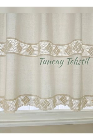 Buldan Işi Otantik Perde %100 Pamuklu Ara Ve Ucu Dantelli Natural Keten Güneşlik Perdesi
