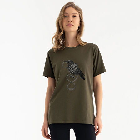 Tarrzz The Crow  Tasarım Tişört Sanatsal Baskılı Tişört %100 Pamuklu Haki Yeşili  Bisiklet Yaka Kısa Kollu Tasarım Tshirt