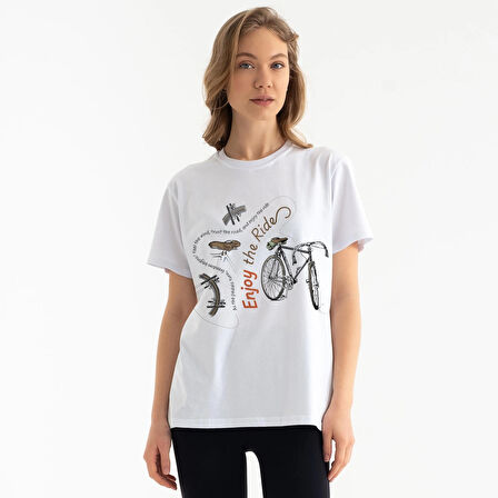  Tarrzz Enjoy Ride  Tasarım Tişört Sanatsal Baskılı Tişört %100 Pamuklu Beyaz Bisiklet Yaka Kısa Kollu Tasarım Tshirt