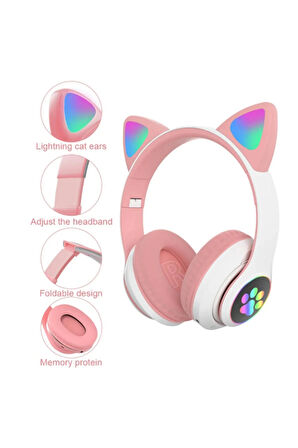  ARELL TEKNOLOJİ Cat Ear Wıreless Kulaklık Kart Girişli Radyo Kedi Bluetooth Yüksek Ses Led Işıklı+12 Saat Şarj