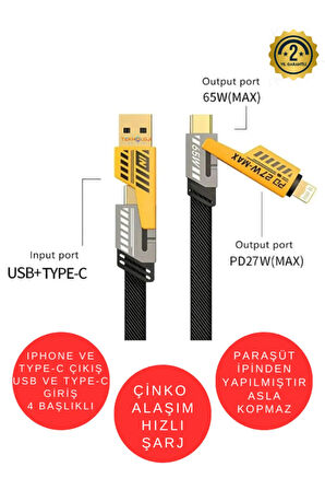 ARELL Şarj Kablosu 27W ve 65W Hızlı Şarj Type-C Iphone Hepsi İle Uyumlu Paraşüt İpinden Kopmaz Kablo