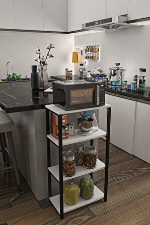 Arfadan Serisi Ceviz Renk Dekoratif Mutfak Rafı Siyah Metal Raf Mikrodalga Fırın Rafı Murtfak Dolabı