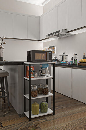 Arfadan Serisi Ceviz Renk Dekoratif Mutfak Rafı Siyah Metal Raf Mikrodalga Fırın Rafı Murtfak Dolabı