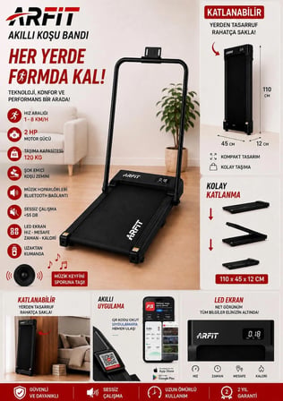 Akıllı Koşu ve Yürüyüş Bandı – Hoparlörlü, Katlanabilir, LED Ekran, FitShow Uyumlu
