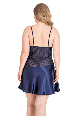 Aria's Closet Büyük Beden Lacivert Kısa Saten Gecelik