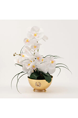 Yapay Orkideli Armalı Gold Vazo
