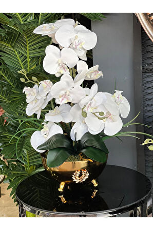 Yapay Orkideli Armalı Gold Vazo