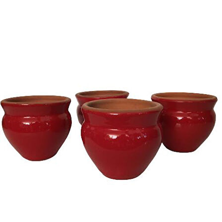 Dört Adet Sırlı Boyunlu Saksı (Kırmızı Renk)