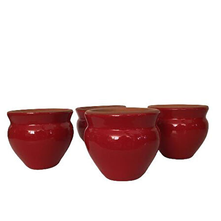 Dört Adet Sırlı Boyunlu Saksı (Kırmızı Renk)