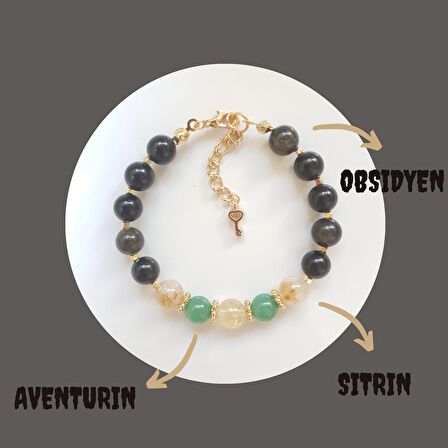Artaril Doğal Taş Solar Plexus Çakrası Kadın Bileklik Aventurin Obsidyen Sitrin