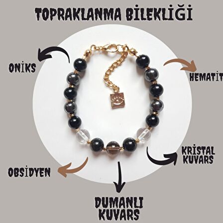Artaril Doğal Taş Kadın Topraklanma Bilekliği Oniks Hematit Obsidyen Kristal Kuvars Dumanlı Kuvars 