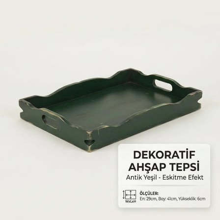 El Boyaması Eskitme Ahşap Dekoratif Tepsi - Antik Yeşil Kahve Sunum Tepsisi (29x41x6 cm)