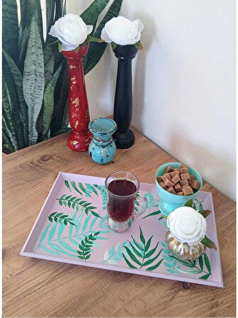 El Boyaması Ahşap Çay , Kahve , Söz Nişan Dekoratif Servis Sunum Tepsisi