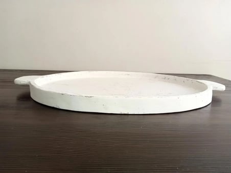 Orion Serisi Büyük Boy Kulplu Eskitme Beyaz El Yapımı Kırılmaz Sunum Tepsisi (33x53 cm)