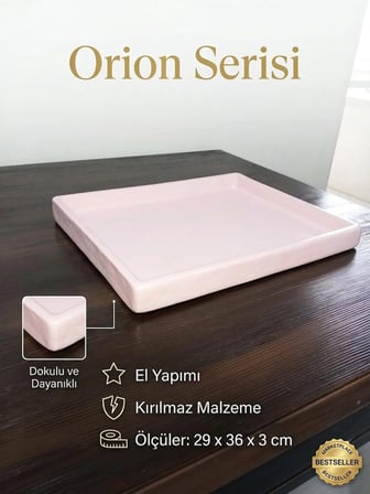 Orion Serisi El Yapımı Açık Pembe Tepsi 29x36 cm - Kırılmaz Dekoratif Sunum Tepsisi & Kahve Tepsisi