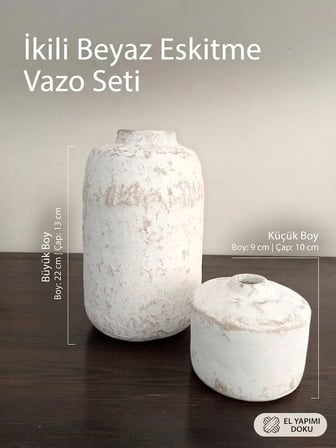 İkili Beyaz Eskitme Vazo Seti - El Yapımı Kırılmaz Dekoratif Masa Üstü Obje