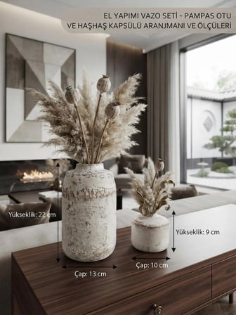 El Yapımı Dekoratif Beton Vazo Seti (Pampas ve Haşhaş Kapsüllü) - Modern Ev ve Salon Dekorasyonu, Hediye Obje