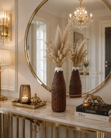 El Yapımı Dekoratif Vazo 26 cm Kırılmaz Kahverengi Modern Salon Konsol Pampas Vazosu