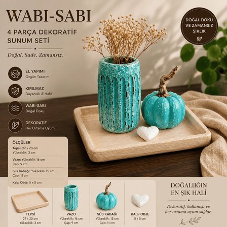 4 Parça El Yapımı Wabi-Sabi Dekoratif Sunum Seti | Kırılmaz Tepsi, Vazo ve Dekor Obje Takımı