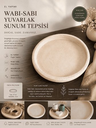 Wabi-Sabi Yuvarlak Sunum Tepsisi 27x27 cm – El Yapımı Dekoratif Çay & İkramlık Servis Tepsisi