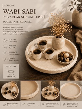 Wabi-Sabi Yuvarlak Sunum Tepsisi 27x27 cm – El Yapımı Dekoratif Çay & İkramlık Servis Tepsisi