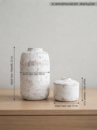 El Yapımı İkili Beyaz Eskitme Beton Vazo Seti - Haşhaş ve Pampas Aranjmanlı Modern Dekoratif Obje