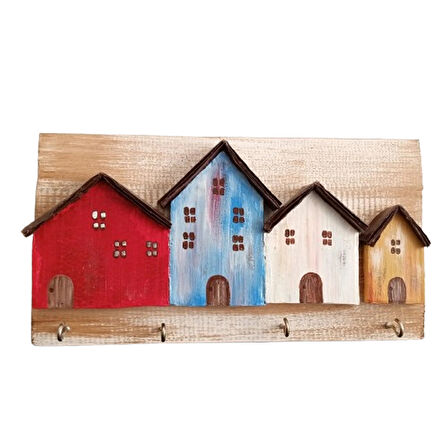 El Boyaması Ev Figürlü Ahşap Duvar Anahtarlığı (25x12 cm)