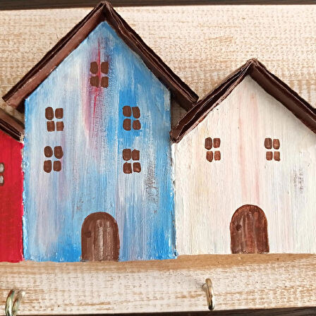 El Boyaması Ev Figürlü Ahşap Duvar Anahtarlığı (25x12 cm)