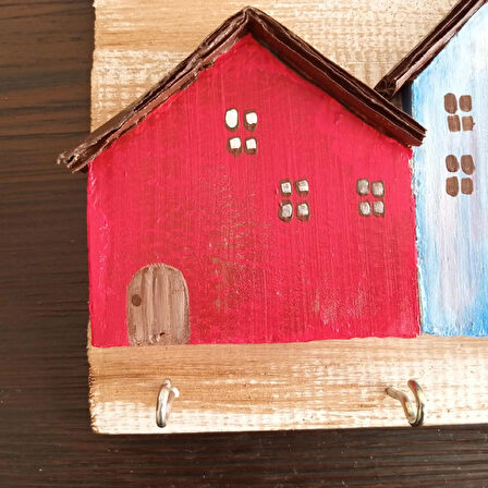 El Boyaması Ev Figürlü Ahşap Duvar Anahtarlığı (25x12 cm)