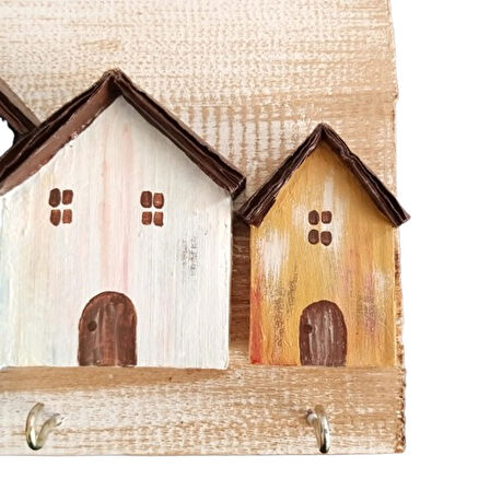 El Boyaması Ev Figürlü Ahşap Duvar Anahtarlığı (25x12 cm)