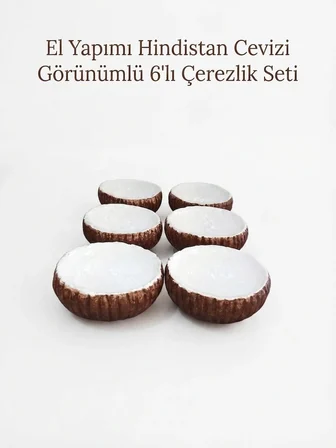 El Yapımı Hindistan Cevizi Görünümlü 6'lı Çerezlik Seti - Dekoratif Sunum Kasesi