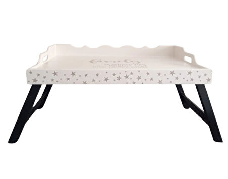 El Boyaması Katlanır Ayaklı Ahşap Şımarık Tepsi - Aile Sevgisi Temalı