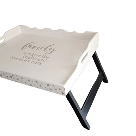 El Boyaması Katlanır Ayaklı Ahşap Şımarık Tepsi - Aile Sevgisi Temalı