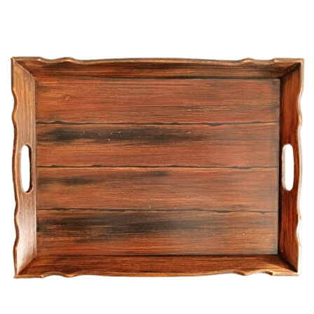 El Boyaması Eskitme Kahve Desenli Ahşap Servis ve Sunum Tepsisi