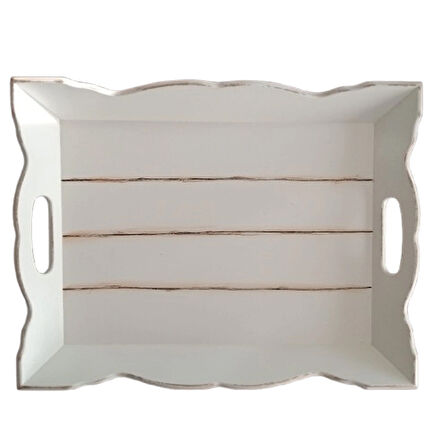 El Boyaması Dalgalı Model Beyaz Ahşap Servis Tepsisi