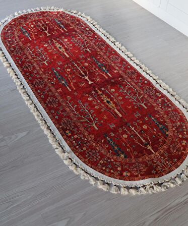 Dekoratif Örgü Saçaklı Salon Halısı Makinede Yıkanabilir Mutfak Halısı Kaymaz Kırmızı Kilim 