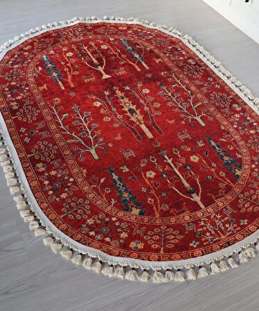 Dekoratif Örgü Saçaklı Salon Halısı Makinede Yıkanabilir Mutfak Halısı Kaymaz Kırmızı Kilim 