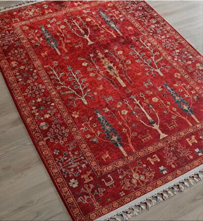 Dekoratif Örgü Saçaklı Salon Halısı Makinede Yıkanabilir Mutfak Halısı Kaymaz Kırmızı Kilim 