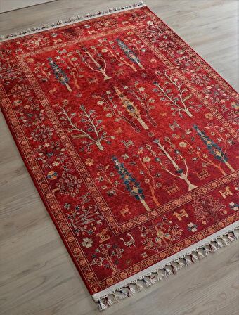 Dekoratif Örgü Saçaklı Salon Halısı Makinede Yıkanabilir Mutfak Halısı Kaymaz Kırmızı Kilim 