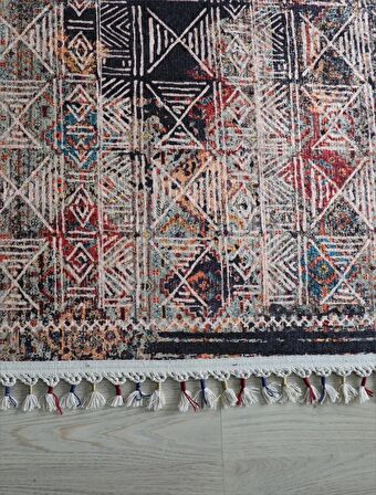 Dekoratif Örgü Saçaklı Salon Halısı Makinede Yıkanabilir Mutfak Halısı Kaymaz Kırmızı Kilim 