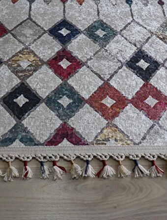 Dekoratif Örgü Saçaklı Salon Halısı Makinede Yıkanabilir Mutfak Halısı Kaymaz Kırmızı Kilim 