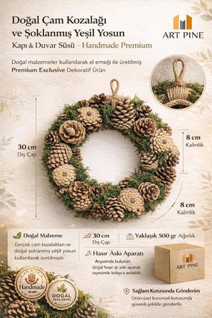Doğal Çam Kozalaği Kapi Süsü 30 Cm - Şoklanmış Yeşil Yosun Handmade Kapı Ve Duvar Dekoru