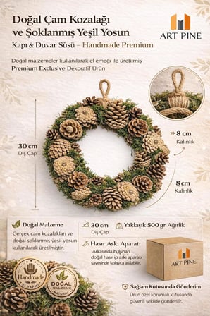 Doğal Çam Kozalaği Kapi Süsü 30 Cm - Şoklanmış Yeşil Yosun Handmade Kapı Ve Duvar Dekoru