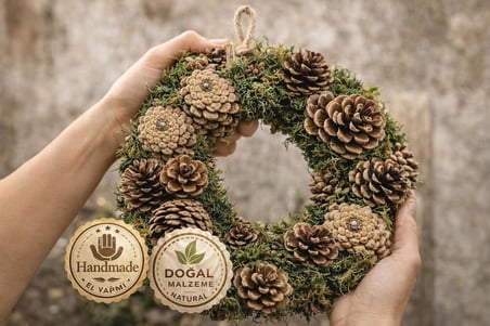 Doğal Çam Kozalaği Kapi Süsü 30 Cm - Şoklanmış Yeşil Yosun Handmade Kapı Ve Duvar Dekoru