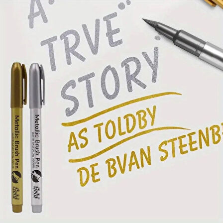 Art Tone 2'li Altın Gümüş Akrilik Marker Fırça Uçlu Keçeli Kalem Seti Posca Gibi Taş Kağıt Metal Tahta Cam