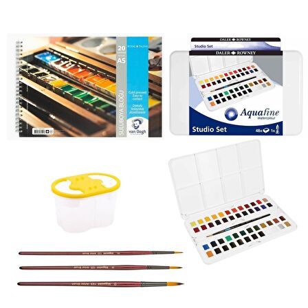 Daler Rowney Profesyonel Aquafine Sulu Boya Studio Set Fırça Hediyeli Plastik Kutu 48li