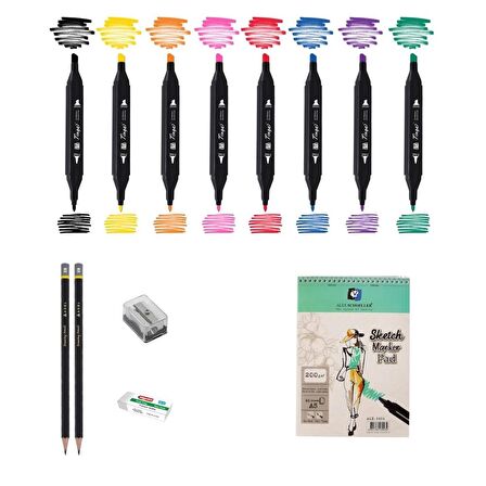 Tinge Marker Kalem Çizim Seti 1 + Marker Defteri + Dereceli Kalem + Silgi + Açacak